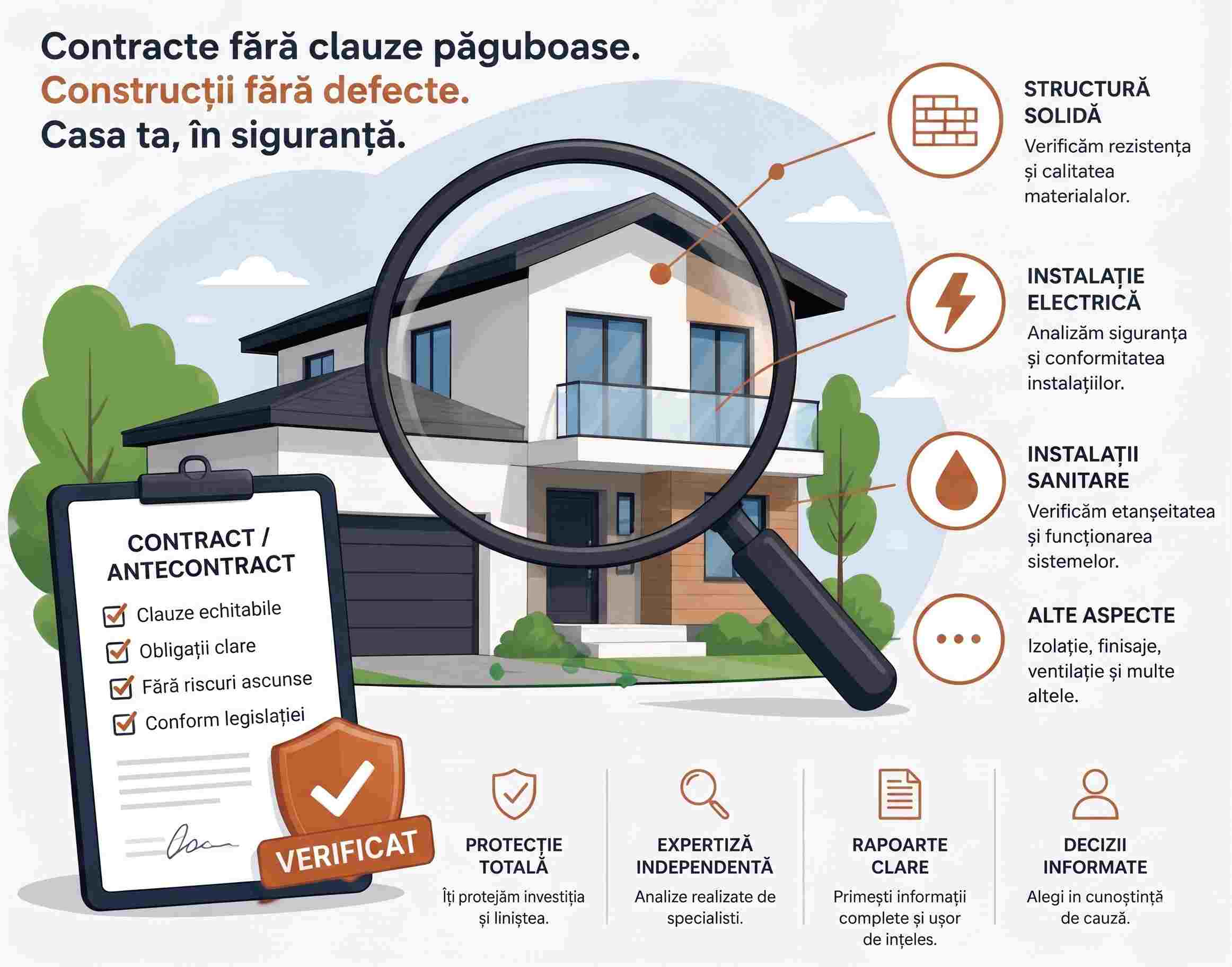 Ce verifică AuditCasa: contractul și antecontractul (clauze echitabile, obligații clare, fără riscuri ascunse, conform legislației), structura de rezistență, instalația electrică, instalațiile sanitare, izolația și finisajele — protecție totală, expertiză independentă, rapoarte clare, decizii informate.
